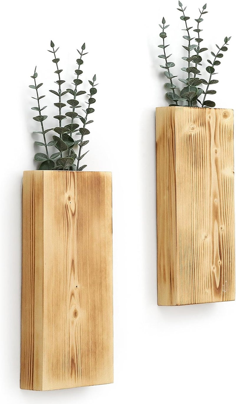 GRID FORTE Wood Wall Planter Set of 2, Wood Wall Pocket for Greenery and Dried Flowers, Indoor Wood Hanging Vase, Modern Farmhouse Wall Decor for Living Room Bedroom Office Eucalyptus Stems Decorations (Retro) - Image 1